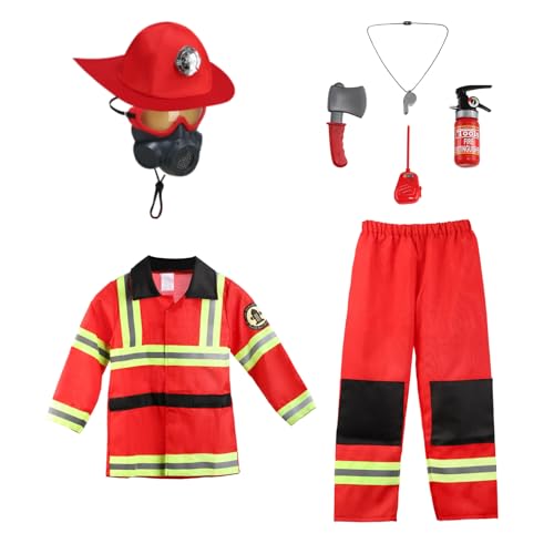 maxToonrain Rotes Feuerwehrmann-Kostüm für Kinder, Jungen und Mädchen, Feuerwehrmann-Kostüm, Rollenspiel, Halloween, Weihnachten, Kostüm, Outfit mit 9–11-teiligem Feuerwehrmann-Zubehör, Spielzeug (6–7 von maxToonrain