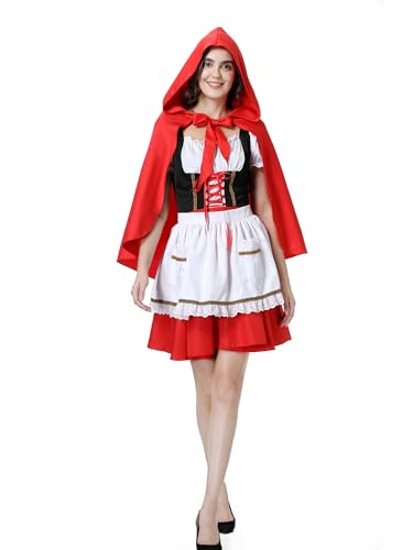 maxToonrain Rotkäppchen-Kostüm für Damen, Halloween-Kostüme, lustiger roter Umhang + Welttag des Buches, Cosplay-Kostüm für Damen (kurz, Größe L) von maxToonrain