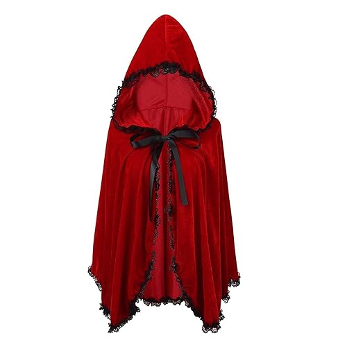 maxToonrain Rotkäppchen-Umhang und Korb, roter Umhang mit Kapuze, Samt, Halloween, Rotkäppchen-Kostüm, Märchencharakter, Weltbuchtag, Kostüm für Damen, Spitze, Schwarz, 70) von maxToonrain
