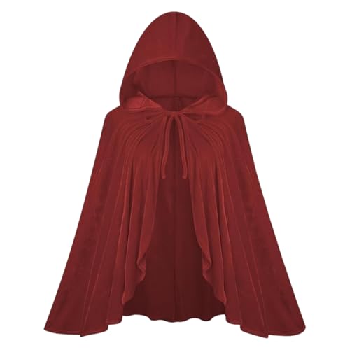 maxToonrain Rotkäppchen-Umhang und Korb, roter Umhang mit Kapuze, Samt, Halloween, Rotkäppchen-Kostüm, Märchencharakter, Weltbuchtag, Kostüm für Damen (einfarbig, Weinrot, 60 cm) von maxToonrain