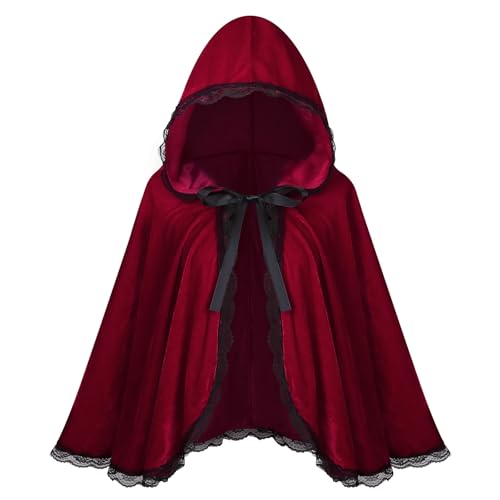 maxToonrain Rotkäppchen-Umhang und Korb, roter Umhang mit Kapuze, Samt, Halloween, Rotkäppchen-Kostüm, Märchenfigur, Weltbuchtag, Kostüm für Damen (schwarze Spitze, Weinrot, 60 cm) von maxToonrain