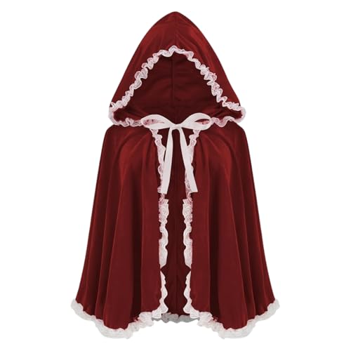 maxToonrain Rotkäppchen-Umhang und Korb, roter Umhang mit Kapuze, Samt, Halloween, Rotkäppchen-Kostüm, Märchenfigur, Weltbuchtag, Kostüm für Damen (weiße Spitze, Weinrot, 65 cm) von maxToonrain