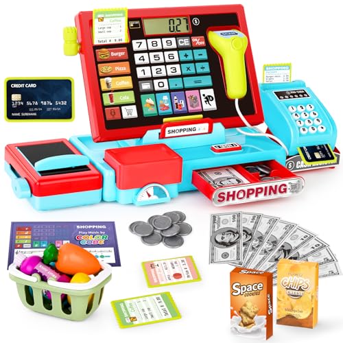 Elektronische kinderkasse mit Scanner & Musik Funktion, 52 kaufladen zubehör rollenspielzeug für Kinder-spielgeld, mikrofon, einkaufskorb, Waage, lernspielzeug für Kinder ab 3 Jahren von maysida