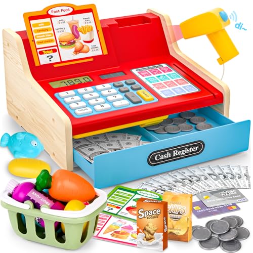 Kinderkasse Holz-Registrierkasse mit Scanner & Sound für Kinder 3-5 Jahre, Spielzeug Kasse mit Scanner/Spielgeld/Münzen/EC-Karte/Einkaufskorb/Zubehör, kaufladen zubehör Idee (Blaue) von maysida