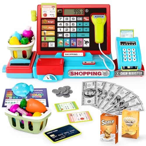 Kinderkasse mit Scanner und Sound, mikrofon einkaufskorb 52 kaufladen zubehör rollenspielzeug für Kinder-spielgeld, Spielkasse Kinder(Blau) von maysida