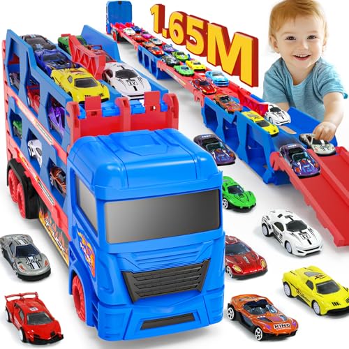 LKW-Spielzeug für Kinder, 165cm&Faltbarer Transport Truck mit 10 Spielzeugautos(4 Rückzieh+6 Rennwagen), Rennbahn Truck für Kinder 2-6 Jahre, Autos Spielzeug Geschenk für Jungen 3, 4, 5, 6 Jahren von maysida