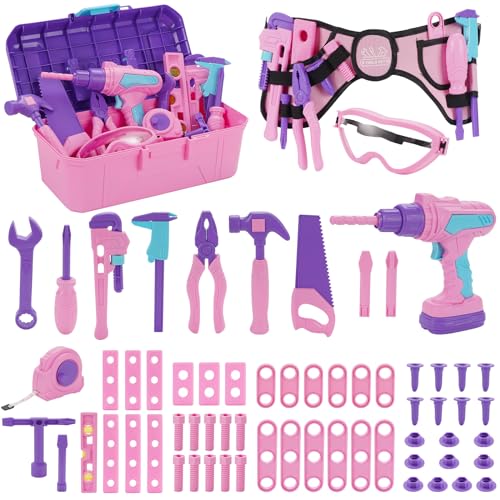 Werkzeugkoffer Kinder Spielzeug ab 3 Jahre Mädchen, 67 PCS Werkzeug Kinder mit Kinder Akkuschrauber/Werkzeuggürtel, Kinder-Werkzeugkasten für Rollenspiele Kinderspielzeug ab 3-7 Jahre Mädchen Geschenk von maysida