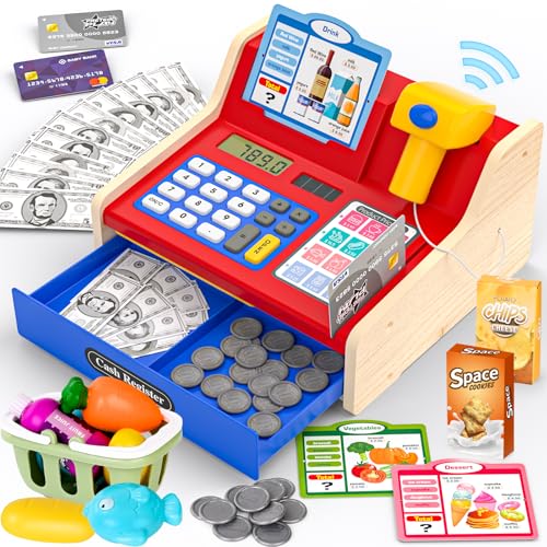 maysida Kinderkasse Holz-Registrierkasse mit Scanner & Sound für Kinder 3-5 Jahre, Spielzeug Kasse mit Scanner/Spielgeld/Münzen/EC-Karte/Einkaufskorb/Zubehör, kaufladen zubehör Idee (Rot+Blau) von maysida