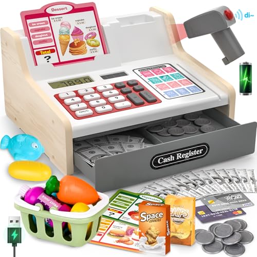 maysida Kinderkasse Holz-Registrierkasse mit Scanner & Sound für Kinder 3-5 Jahre, Spielzeug Kasse mit Scanner/Spielgeld/Münzen/EC-Karte/Einkaufskorb/Zubehör, kaufladen zubehör Idee von maysida