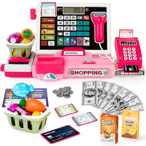 2025 Kinderkasse Registrierkasse Spielzeug Lernspielzeug Set, Geschenk für Kasse Kinder, Kleinkind Prentend Play mit kaufladen zubehör, Taschenrechner Registrierkasse mit Scanner/Kreditkarte(Rosa) von maysida