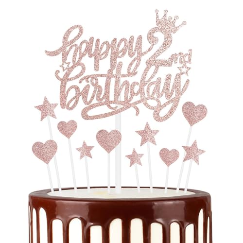 Tortenaufsätze "Happy 2nd Birthday", Rotgold und glitzernde Herzsterne, für Mädchen, Kuchendekoration, 11 Stück von mciskin