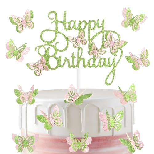 13 x grün-rosa Happy Birthday-Kuchenaufsätze, Mädchen-Schmetterling-Kuchenaufsätze für Kuchen, grüne und rosa Party-Dekorationen, glitzernde Schmetterling-Kuchendekorationen für Mädchen und Frauen von mciskin