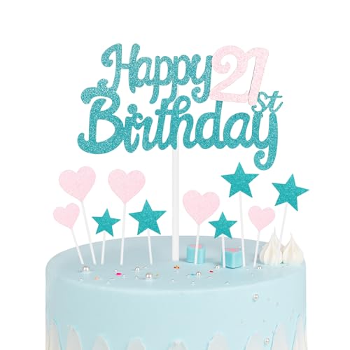 Blau Rosa 21 Geburtstag Kuchen Topper Mädchen 21 Geburtstag Dekorationen Glitzer Herz Sterne Kuchen Topper Personalisierte Happy Birthday Kuchen Cupcake Topper für Frauen Mädchen Baby Geburtstag Party von mciskin