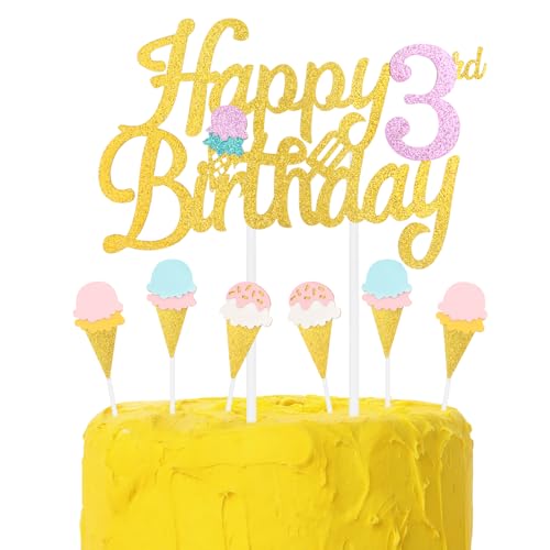 Eiscreme-Geburtstagskuchenaufsätze, bunte Kuchendekoration zum 3rd Geburtstag, Mädchen Jungen 3rd Geburtstag Dekorationen,Eiscreme-Kuchen Cupcake Dekorationen, Eiscreme Thema Kuchen CupcakeTopper von mciskin