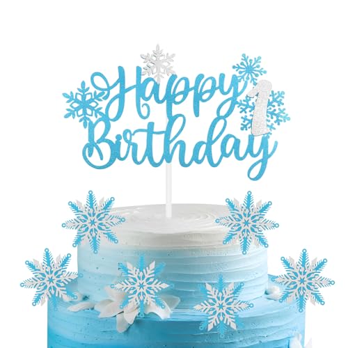 Gefrorene Kuchen Toppers, Gefrorene 1st Geburtstag Kuchen Toppers, Gefrorene Party Dekoration für Mädchen Jungen 1st Geburtstag Dekor, Blaue Schneeflocke Kuchen Toppers für Geburtstag Kuchen Dekor von mciskin