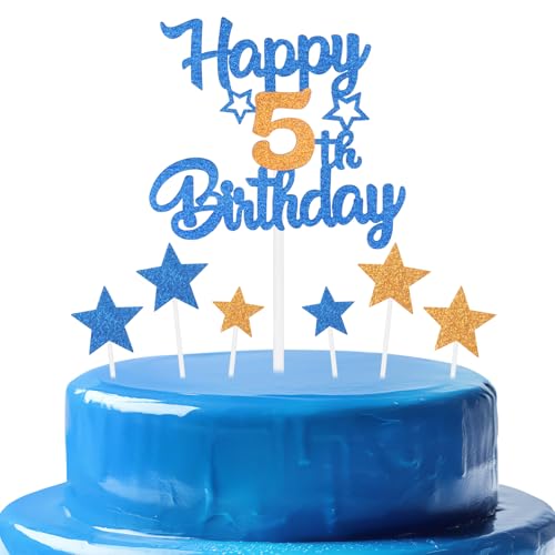 Geburtstagskuchenaufsatz, Cartoon-Thema, Kinderparty, Nummer 5, Kuchendekoration, doppelseitig, glänzend, für Jungen und Mädchen, Geburtstagsdekoration, Orange / Blau von mciskin