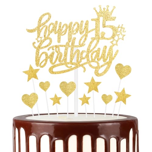 Gold Glücklich 15th Geburtstag Kuchen Toppers, Gold Kuchen Cupcake Toppers für Kuchen, Glitter Herz Sterne Kuchen Toppers, Gold Kuchen Toppers für Frauen Männer 15th Geburtstag Kuchen Dekorationen von mciskin
