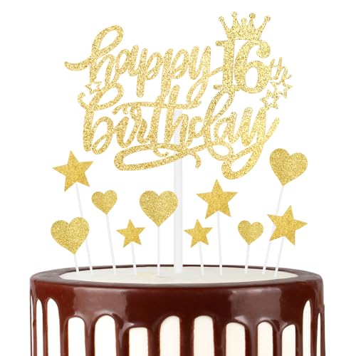 Gold Glücklich 16th Geburtstag Kuchen Toppers, Gold Kuchen Cupcake Toppers für Kuchen, Glitter Herz Sterne Kuchen Toppers, Gold Kuchen Toppers für Frauen Männer 16th Geburtstag Kuchen Dekorationen von mciskin