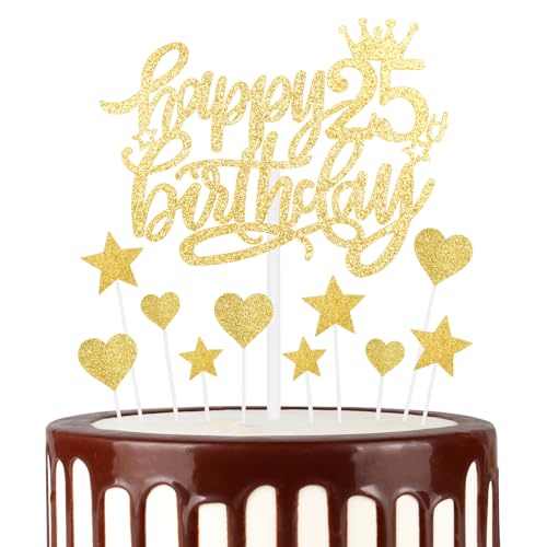 Gold Glücklich 25th Geburtstag Kuchen Toppers, Gold Kuchen Cupcake Toppers für Kuchen, Glitter Herz Sterne Kuchen Toppers, Gold Kuchen Toppers für Frauen Männer 25th Geburtstag Kuchen Dekorationen von mciskin