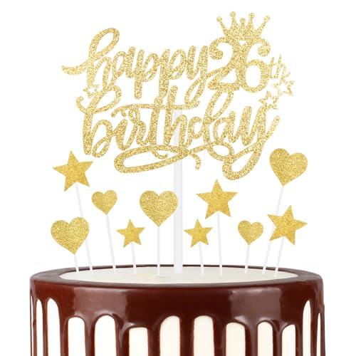 Gold Glücklich 26th Geburtstag Kuchen Toppers, Gold Kuchen Cupcake Toppers für Kuchen, Glitter Herz Sterne Kuchen Toppers, Gold Kuchen Toppers für Frauen Männer 26th Geburtstag Kuchen Dekorationen von mciskin