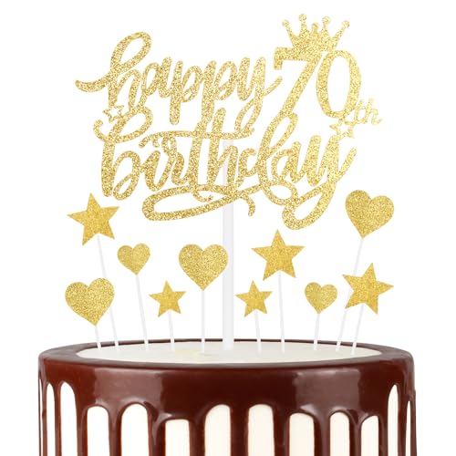 Gold Glücklich 70th Geburtstag Kuchen Toppers, Gold Kuchen Cupcake Toppers für Kuchen, Glitter Herz Sterne Kuchen Toppers, Gold Kuchen Toppers für Frauen Männer 70th Geburtstag Kuchen Dekorationen von mciskin