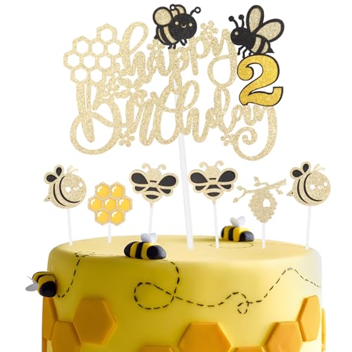 Honigbiene Geburtstag Kuchen Toppers, Glitter Happy 2nd Geburtstag Kuchen Toppers, Mädchen Jungen 2nd Geburtstag Dekorationen, Biene Kuchen Cupcake Dekorationen, süße Honigbiene Thema Kuchen Toppers von mciskin