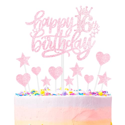 Rosa Alles Gute zum 16th Geburtstag Kuchenaufsatz, Mädchen und Damen 16th Geburtstagsdekorationen, Rosa 16th Kuchen Cupcake Aufsatz für Kuchen, Glitzer Rosa 16 Jahre alt Kuchen Dekoration von mciskin