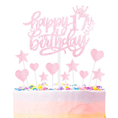 Rosa Alles Gute zum 17th Geburtstag Kuchenaufsatz, Mädchen und Damen 17th Geburtstagsdekorationen, Rosa 17th Kuchen Cupcake Aufsatz für Kuchen, Glitzer Rosa 17 Jahre alt Kuchen Dekoration von mciskin