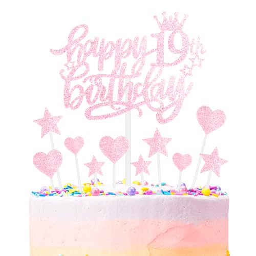 Rosa Alles Gute zum 19th Geburtstag Kuchenaufsatz, Mädchen und Damen 19th Geburtstagsdekorationen, Rosa 19th Kuchen Cupcake Aufsatz für Kuchen, Glitzer Rosa 19 Jahre alt Kuchen Dekoration von mciskin