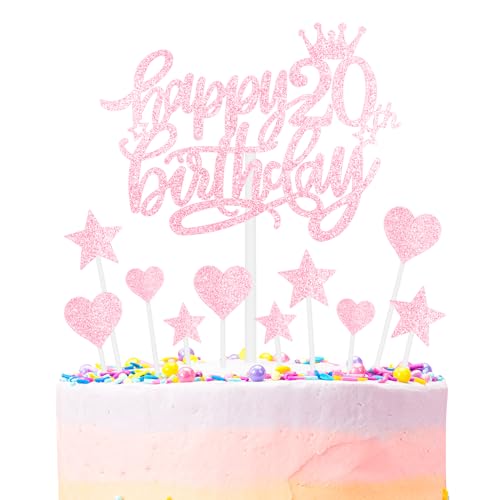 Rosa Alles Gute zum 20th Geburtstag Kuchenaufsatz, Mädchen und Damen 20th Geburtstagsdekorationen, Rosa 20th Kuchen Cupcake Aufsatz für Kuchen, Glitzer Rosa 20 Jahre alt Kuchen Dekoration von mciskin