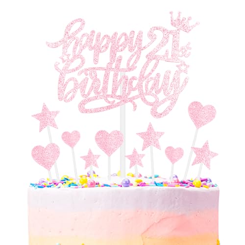 Rosa Alles Gute zum 21st Geburtstag Kuchenaufsatz, Mädchen und Damen 21st Geburtstagsdekorationen, Rosa 21st Kuchen Cupcake Aufsatz für Kuchen, Glitzer Rosa 21st Jahre alt Kuchen Dekoration von mciskin