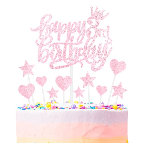Rosa Alles Gute zum 3rd Geburtstag Kuchenaufsatz, Mädchen und Damen 3rd Geburtstagsdekorationen, Rosa 3rd Kuchen Cupcake Aufsatz für Kuchen, Glitzer Rosa 3 Jahre alt Kuchen Dekoration von mciskin