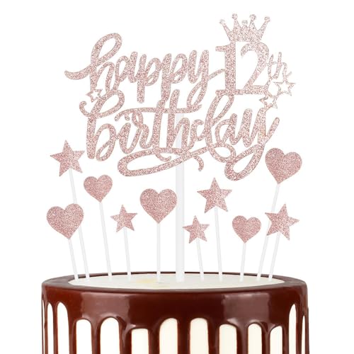 Roségold Alles Gute zum 12th Geburtstag Kuchenaufsatz, Roségold 12th Kuchen Cupcake Aufsatz für Kuchen, Glitzer Roségold 12 Jahre alt Kuchen Dekoration, 12th Geburtstagsgeschenke für Mädchen und Damen von mciskin