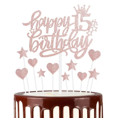 Roségold Alles Gute zum 15th Geburtstag Kuchenaufsatz, Roségold 15th Kuchen Cupcake Aufsatz für Kuchen, Glitzer Roségold 15 Jahre alt Kuchen Dekoration, 15th Geburtstagsgeschenke für Mädchen und Damen von mciskin