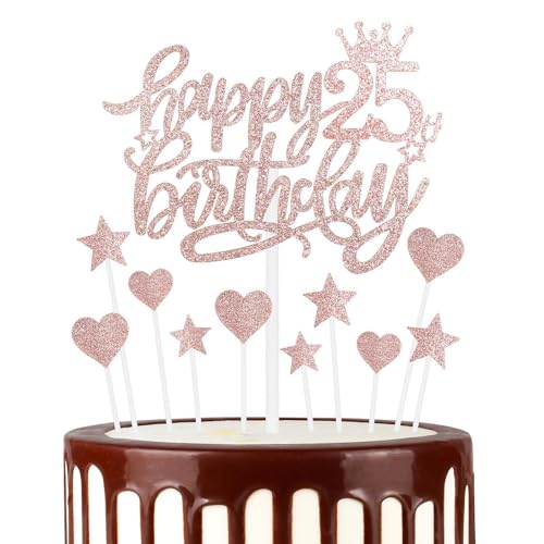 Roségold Alles Gute zum 25th Geburtstag Kuchenaufsatz, Roségold 25th Kuchen Cupcake Aufsatz für Kuchen, Glitzer Roségold 25 Jahre alt Kuchen Dekoration, 25th Geburtstagsgeschenke für Mädchen und Damen von mciskin