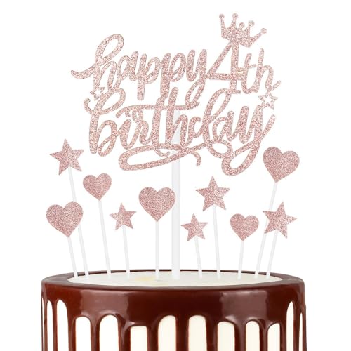 Roségold Alles Gute zum 4th Geburtstag Kuchenaufsatz, Roségold 4th Kuchen Cupcake Aufsatz für Kuchen, Glitzer Roségold 4 Jahre alt Kuchen Dekoration, 4th Geburtstagsgeschenke für Mädchen und Damen von mciskin