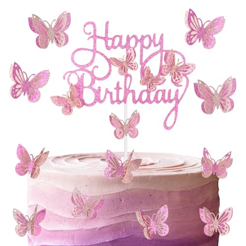 Rosenroter Schmetterlingskuchen Topper für Kuchen, Glitter Hot Pink Schmetterling Kuchen Dekorationen, Schmetterling Thema Kuchen Cupcake Toppers für Mädchen Frauen Geburtstag Dekorationen von mciskin