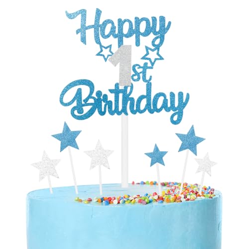 mciskin Blaue und silberfarbene Party-Dekoration, für Mädchen und Jungen, personalisierbar, für den ersten Kuchen, Cupcake-Dekoration, blau-silberfarben, Happy 1. Geburtstag, Kuchendekoration für von mciskin