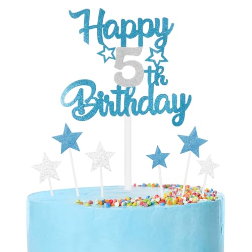 mciskin Blaue und silberfarbene Party-Dekorationen, für Mädchen und Jungen, 5. Geburtstag, personalisierbar, Dekoration für Jungen, blau-silberfarben, Happy 5th Birthday, Kuchendekoration für von mciskin