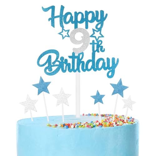 mciskin Blaue und silberfarbene Party-Dekorationen, für Mädchen und Jungen, 9. Geburtstag, personalisierbar, für Jungen, Dekoration für Jungen, blau-silberfarben, Happy 9th Birthday, Kuchendekoration von mciskin