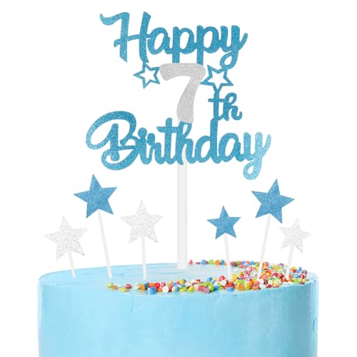 mciskin Blaue und silberne Party-Dekorationen, für Mädchen und Jungen, 7. Geburtstag, personalisierbar, für Jungen, Dekoration für Jungen, blau-silberfarben, Kuchendekoration zum 7. Geburtstag von mciskin