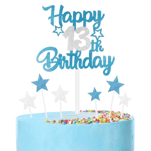 mciskin Blaue und silberne Party-Dekorationen, für Mädchen und Jungen, Dekoration zum 13. Geburtstag, personalisierbar, für Jungen, Blau und Silber, Happy 13th Birthday, Kuchendekoration für von mciskin