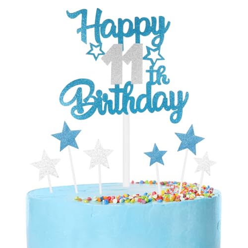 mciskin Blaue und silberne Party-Dekorationen, für Mädchen und Jungen, zum 11. Geburtstag, personalisierbar, für Jungen, Dekoration für Jungen, blau-silberfarben, Kuchendekoration zum 11. Geburtstag von mciskin