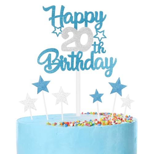 mciskin Blaue und silberne Party-Dekorationen, für Mädchen und Jungen, zum 20. Geburtstag, personalisierbar, für Jungen, Dekoration für Jungen, blau-silberfarben, Kuchendekoration zum 20. Geburtstag von mciskin