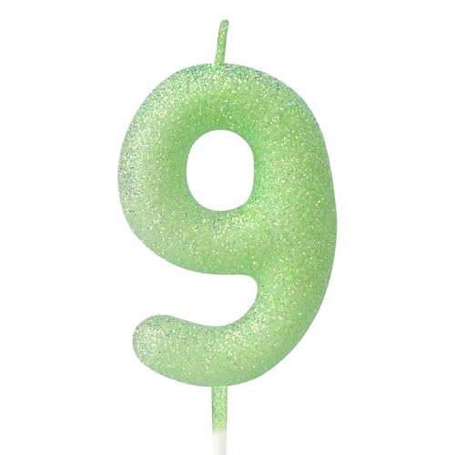 mciskin Fluoreszierende grüne Kerzen für Kuchen, glitzernde Macaron-Kerzen, 9. Geburtstag, Mädchen, 9. Geburtstag, Dekoration für Mädchen und Jungen, fluoreszierende, grüne Kuchendekoration für Party von mciskin