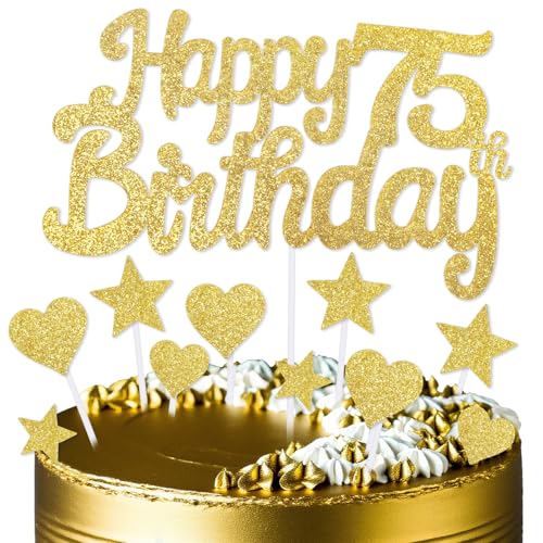 mciskin Goldene Kuchendekoration zum 75. Geburtstag, Dekoration für Männer und Frauen, goldene Kuchendekorationen, personalisierte Cupcake-Topper mit Herz-Stern für Mädchen, Jungen, Frauen, Männer von mciskin
