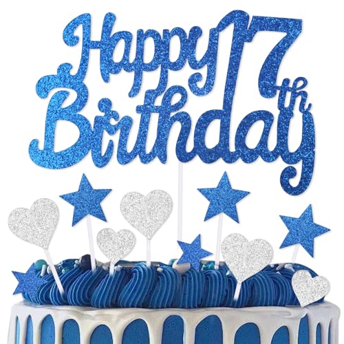 mciskin Kuchendekoration zum 17. Geburtstag, Dekoration für Jungen und Mädchen, königsblaue Kuchendekorationen, personalisierbare Cupcake-Topper mit Herz-Stern für Mädchen, Jungen, Frauen, Männer von mciskin