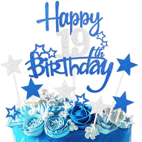 mciskin Kuchendekoration zum 19. Geburtstag, Dekoration für Jungen, personalisierbar, königsblauer Glitzerstern, Cupcake-Topper für Mädchen, Jungen, Frauen, Männer, Party-Dekorationen von mciskin