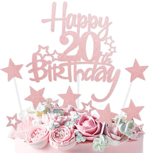 mciskin Kuchendekoration zum 20. Geburtstag, Dekoration für Mädchen, personalisierbar, rotgoldener Glitzerstern, Cupcake-Topper für Mädchen und Frauen, Party-Dekorationen mciskin Kuchendekoration zum 20. Geburtstag, Dekoration für Mädchen, personalisierbar, rotgoldener Glitzerstern, Cupcake-Topper für Mädchen und Frauen, Party-Dekorationen von mciskin