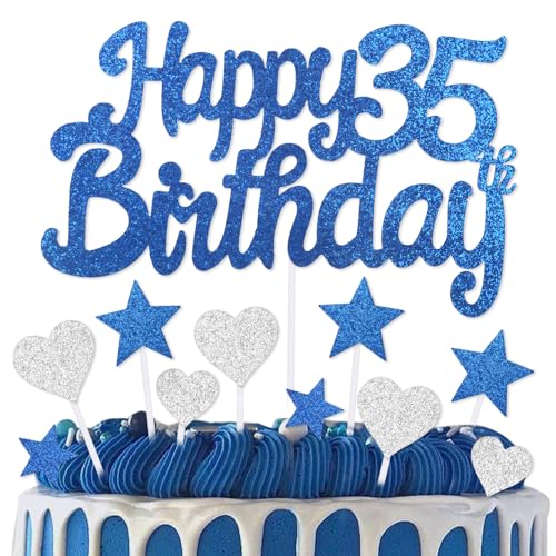 mciskin Kuchendekoration zum 35. Geburtstag, Dekoration für Jungen und Mädchen, königsblaue Kuchendekorationen, personalisierbare Cupcake-Topper mit Herz-Stern für Mädchen, Jungen, Frauen, Männer von mciskin